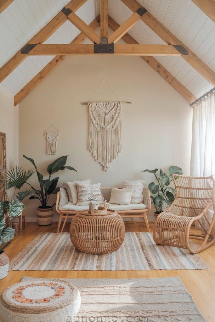 Bohemian-inspired modern cottage interior with macramé wall hangings, layered rugs, indoor plants, earthy tones, and rattan furniture.